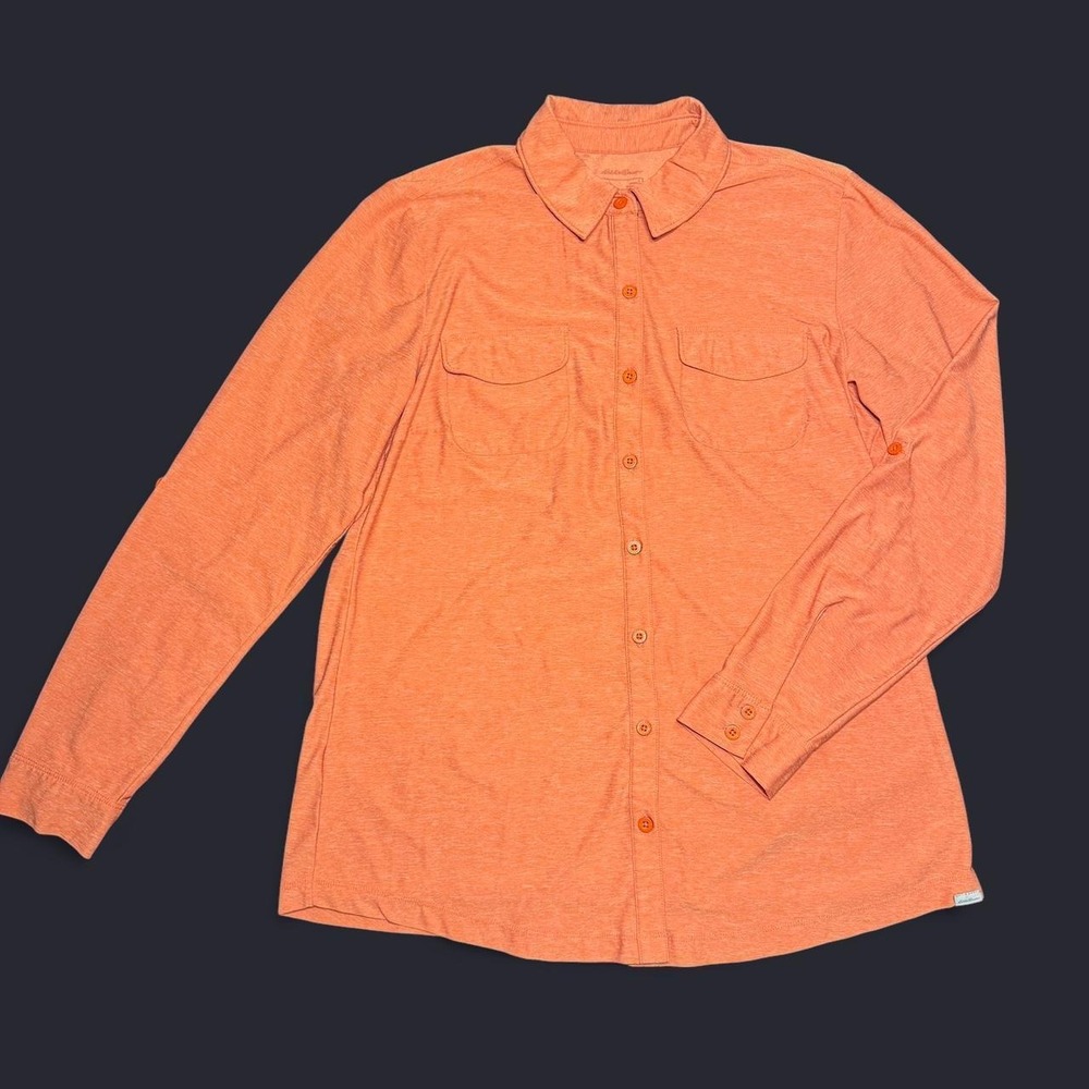 Eddie Bauer Womens Orange Heathered Knit Roll Tab Sleeve Button Down Shirt Small